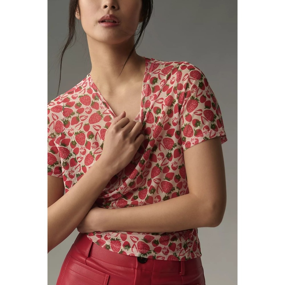 Anthropologie Porridge Strawberry Mesh Top XS Red Sheer Fruit Print Short Sleeve